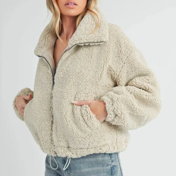 Oversized Sherpa Zip Jacket Teddy Fleece Cropped Coat - Picture 2 of 4